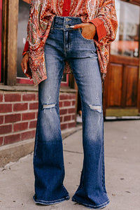 Sky Blue Button Fly Ripped High Waist Flare Jeans | Bottoms/Jeans