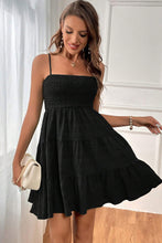 Load image into Gallery viewer, Black Smocked Textured Tiered Skater Dress | Dresses/Mini Dresses
