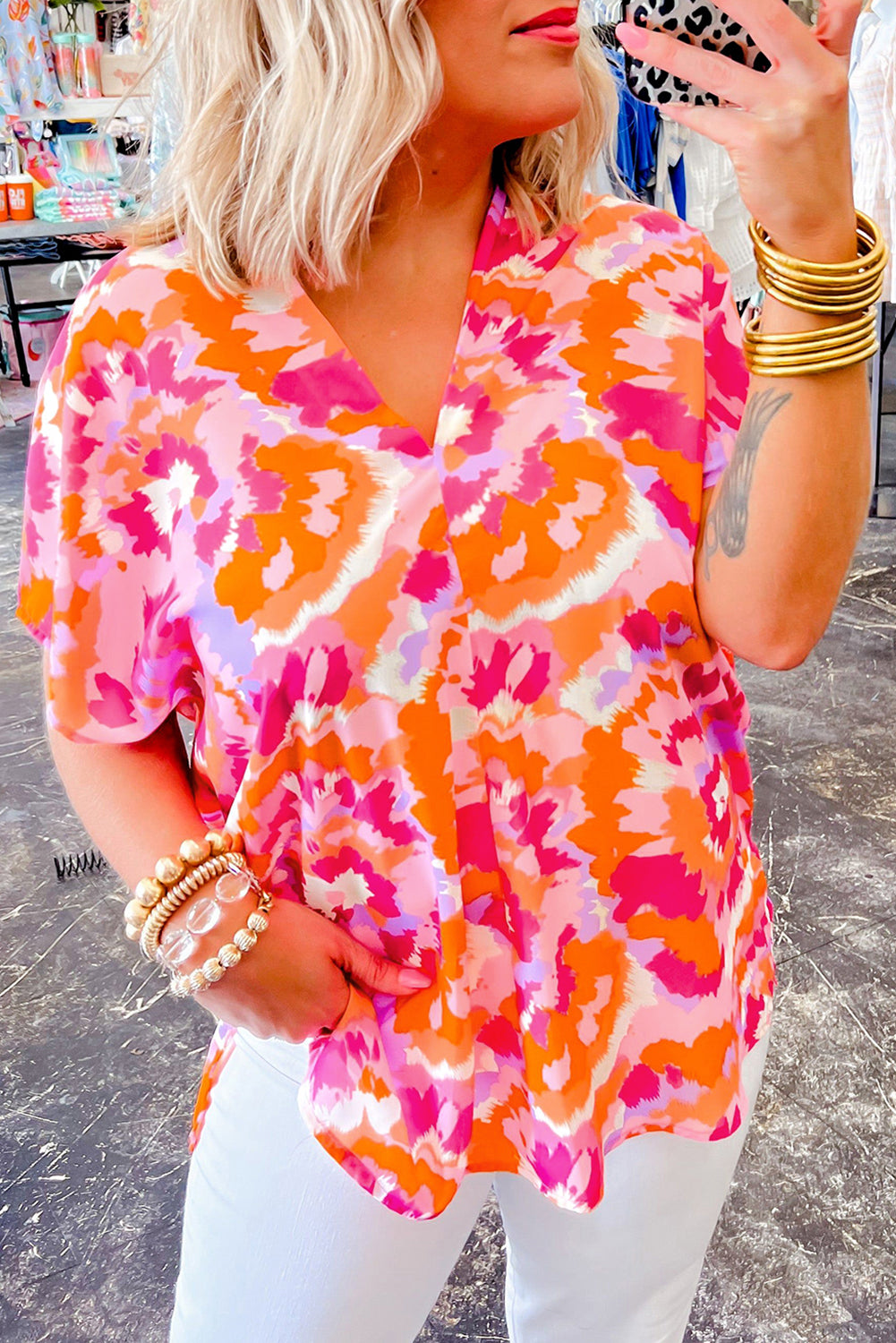 Summer Blouse | Rose Red Abstract Print V Neck Top