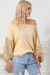 Waffle Knit Top | Apricot Sequin Patchwork Sleeve Open Back