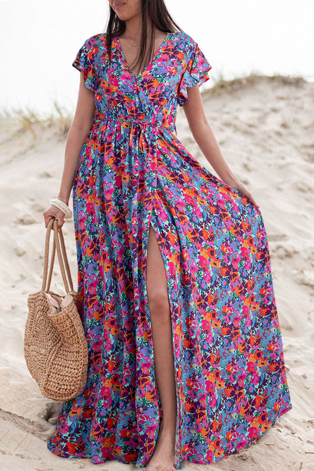 Blue Floral Print V Neck Wrap Split Maxi Dress | Dresses/Floral Dresses