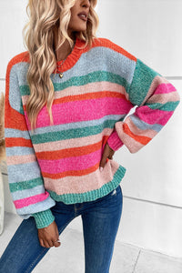 Multicolor Striped Knit Drop Shoulder Puff Sleeve Sweater | Tops/Sweaters & Cardigans