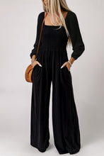 Load image into Gallery viewer, Black Smocked Square Neck Long Sleeve Wide Leg Jumpsuit | Bottoms/Jumpsuits &amp; Rompers
