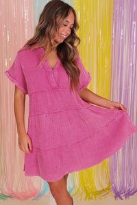 Strawberry Pink Mineral Wash Crinkle Split Neck Raw Hem Tiered Dress | Dresses/Mini Dresses
