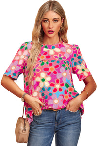 Purple Boho Flower Print Puff Short Sleeve Top | Tops/Tops & Tees