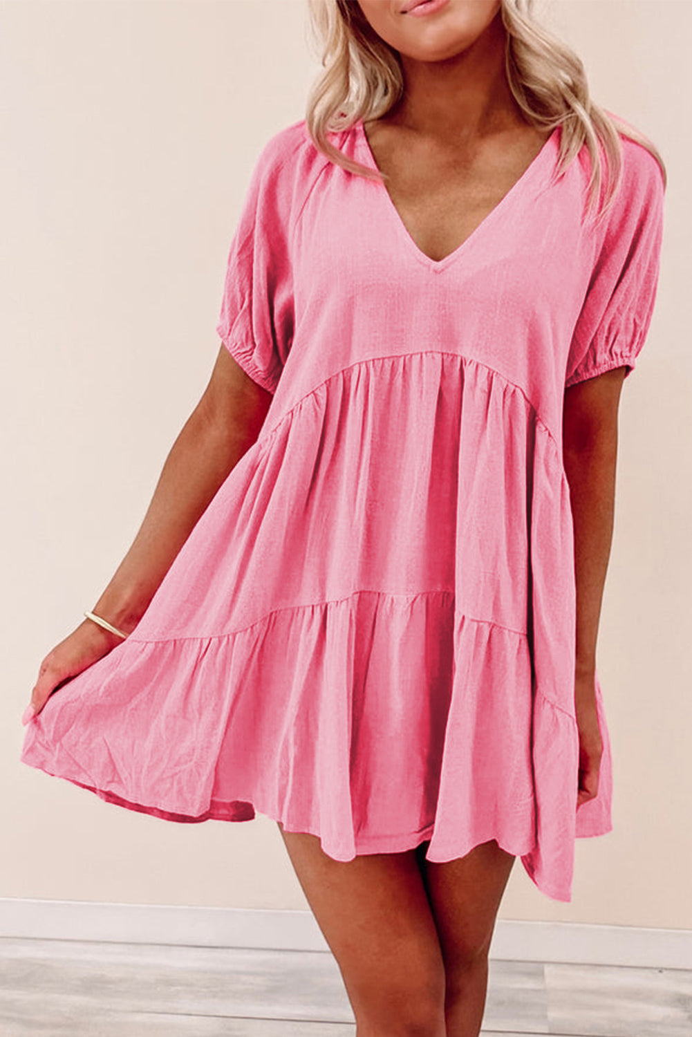 Strawberry Pink Puff Sleeve V Neck Tiered Swing Dress | Dresses/Mini Dresses