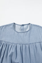 Load image into Gallery viewer, Denim Dress | Blue Ruffle Short Sleeve Tiered A-line Dress
