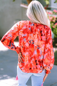 Womens Blouse | Fiery Red Floral Print Split Neck Tassel Tie Blouse | Tops/Blouses & Shirts