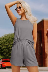 Medium Grey Corded Sleeveless Top and Pocketed Shorts Set | Two Piece Sets/Short Sets