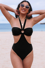 Load image into Gallery viewer, Black Halter O-ring Ruched Bust One Piece Swimsuit | Swimwear/One Piece Swimsuit
