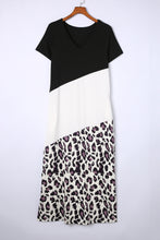 Load image into Gallery viewer, T Shirt Maxi Dress | Black Leopard Color Block Side Slit Dress
