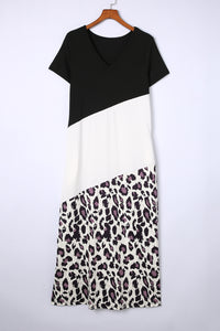 T Shirt Maxi Dress | Black Leopard Color Block Side Slit Dress