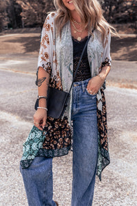 Bohemian Kimono | Green Floral Print Irregular Hem Kimono