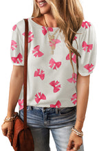 Load image into Gallery viewer, Bubble Sleeve Top | White Bowknot Print Blouse
