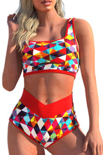 Load image into Gallery viewer, Fiery Red 2pcs Geometric Print Notch High Waisted Bikini | Swimwear/High Waisted Swimsuit
