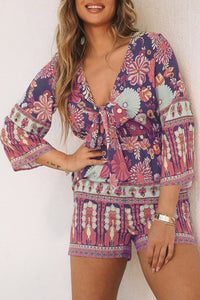 Women Romper | Purple Vintage Printed 3/4 Sleeves V Neck Romper | Bottoms/Jumpsuits & Rompers