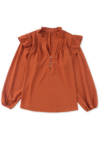 Orange Ruffled Pleated Buttoned V Neck Blouse | Tops/Blouses & Shirts