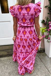 Maxi Dress | Retro Print Twisted Front Ruffled Sleeve