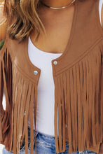 Load image into Gallery viewer, Camel Fringed Snap Button Front Suedette Vest | Outerwear/Jackets
