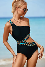 Load image into Gallery viewer, Black Zigzag Accent Cutout One Shoulder Teddy Swimwear | Swimwear/One Piece Swimsuit
