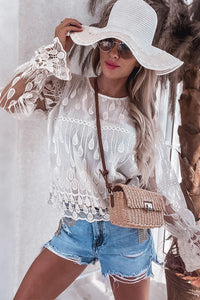 Mesh Blouse | Beige Embroidered Flounce Sleeve Top