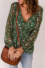 Load image into Gallery viewer, Green Floral Print Wrap V Neck Peplum Top | Tops/Blouses &amp; Shirts
