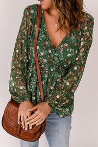 Green Floral Print Wrap V Neck Peplum Top | Tops/Blouses & Shirts