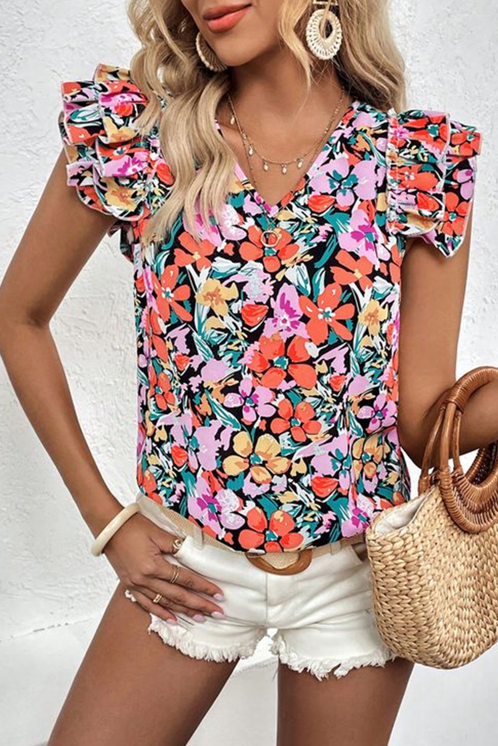 Multicolour Tiered Ruffled Sleeve Floral Blouse | Tops/Blouses & Shirts