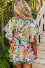 Load image into Gallery viewer, Short Sleeve Blouse | White Tropical Floral Print Ruffled Top
