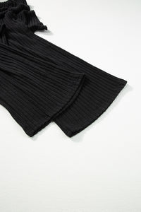 Wide Leg Jumpsuit | Black Solid Color Ribbed Short Sleeve