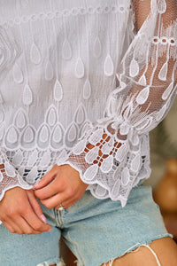 Mesh Blouse | Beige Embroidered Flounce Sleeve Top