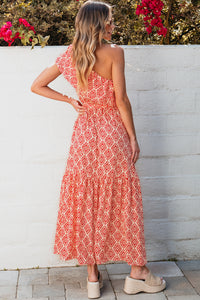 Maxi Dress | Fiery Red Bohemian One Shoulder Side Slit Dress