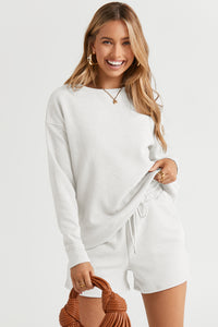 Drawstring Shorts Set | White Textured Long Sleeve Top