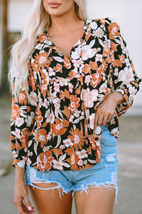 Brown Floral Print 3/4 Sleeve Babydoll Blouse | Tops/Blouses & Shirts