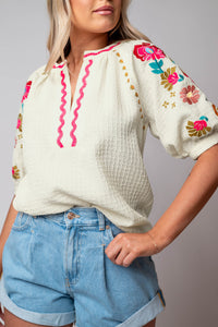 Puff Sleeve Blouse | Beige Floral Embroidered Top