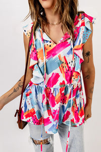 Multicolor Abstract Print V Neck Ruffled Tank | Tops/Tank Tops