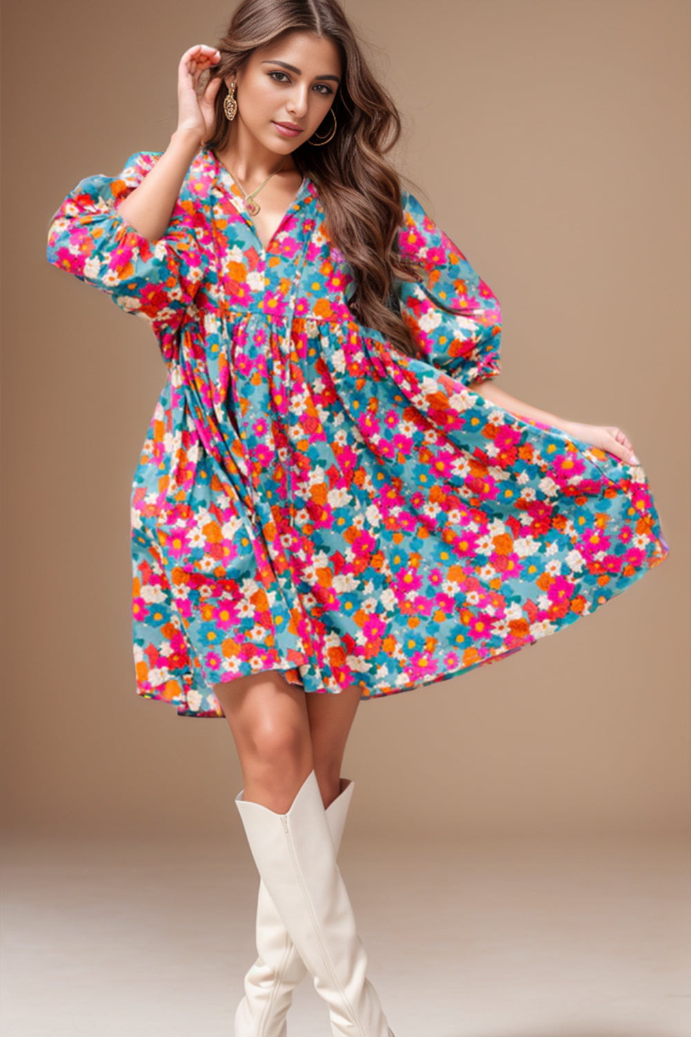 Womens Mini Dress-Floral Tie Neck Puff Sleeve Mini Dress | Dress