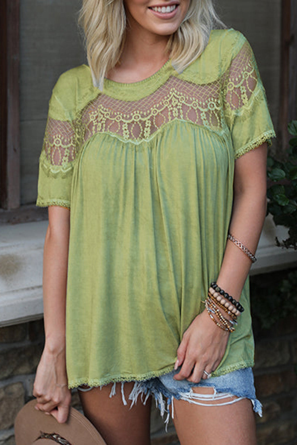 Green Mesh Lace Trim Short Sleeve Top | Tops/Tops & Tees