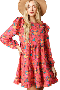 Rose Red Ruffle Shoulder Long Sleeve Floral Mini Dress | Dresses/Floral Dresses