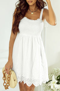 Mini Dress | White Adjustable Tie Straps Smocked Dress