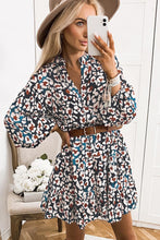 Load image into Gallery viewer, Bubble Sleeve Dress | Blue Leopard Print Ruffled Shirt Dress
