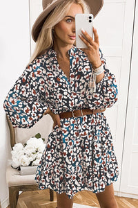 Bubble Sleeve Dress | Blue Leopard Print Ruffled Shirt Dress