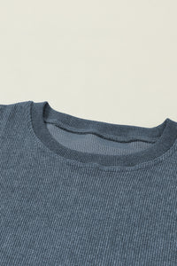 Pullover Sweatshirt | Blue Solid Ribbed Knit Round Neck