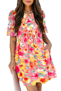 Multicolour Floral Ruffled Sleeve Pocketed Flared Mini Dress | Dresses/Floral Dresses