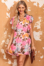 Load image into Gallery viewer, Pink Notched Neck Ruffle Floral Dress | Dresses/Floral Dresses
