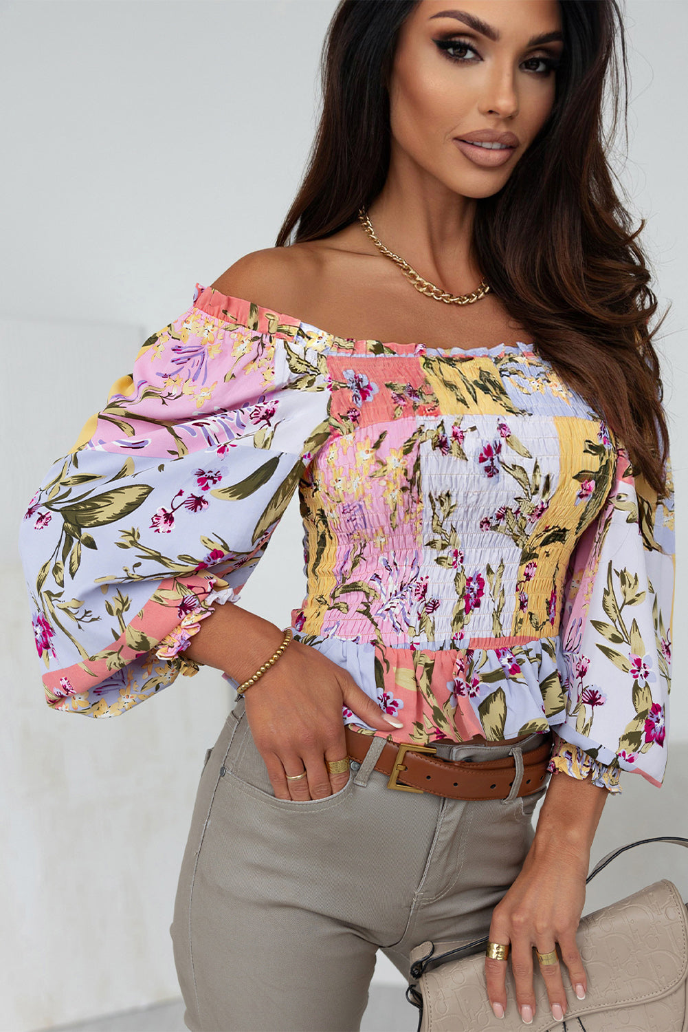 Womens Blouse | Multicolor Smocked Floral Frilled Trim Square Neck Blouse | Tops/Blouses & Shirts