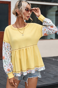 Babydoll Top | Yellow Floral Patchwork Waffle Knit  Blouse