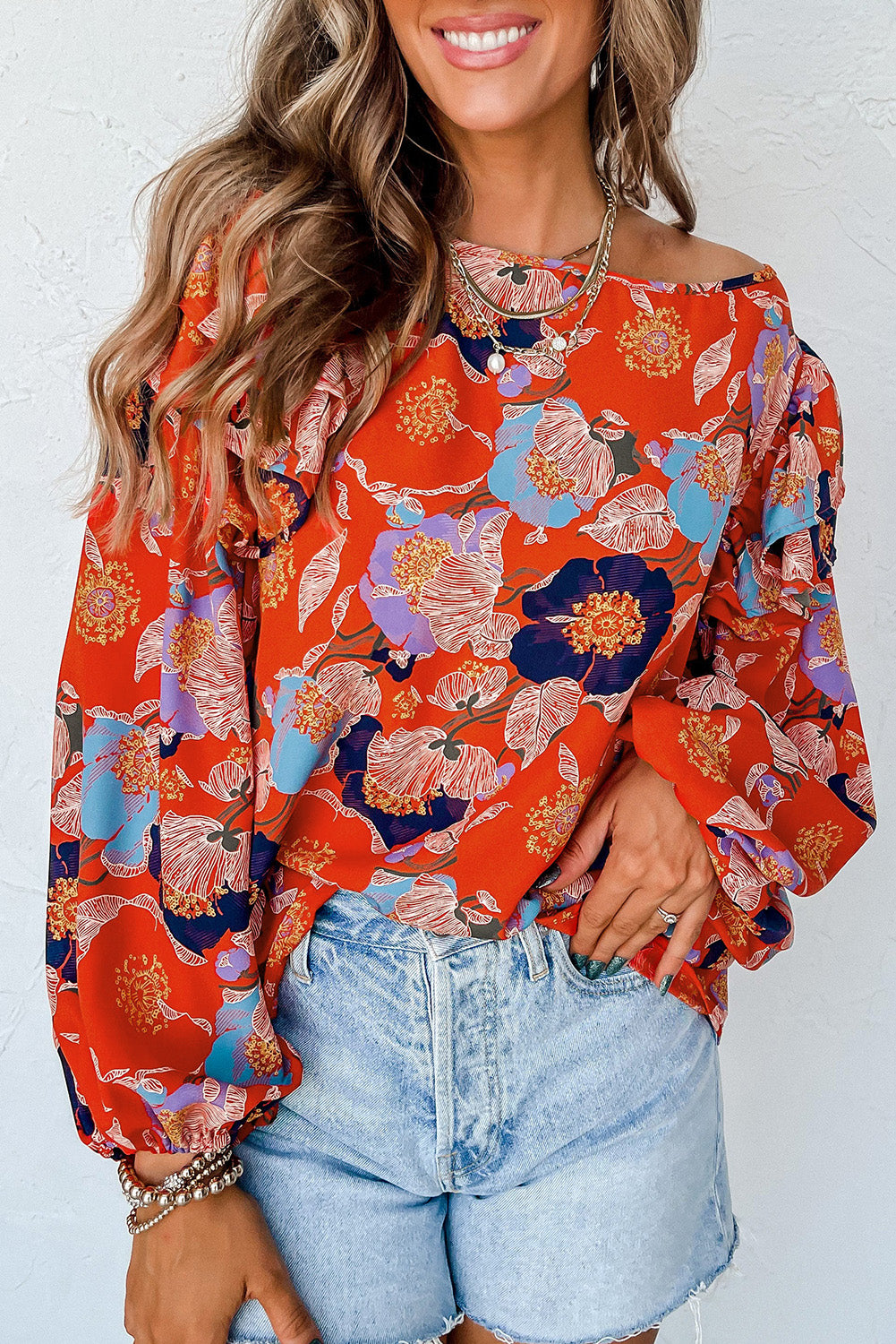 Puff Sleeve Blouse | Fiery Red Floral Print Ruffle