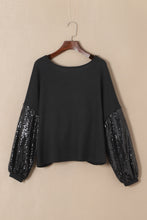 Load image into Gallery viewer, Waffle Knit Top | Black Sequin Patchwork Sleeve Open Back
