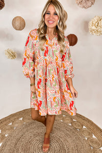 Multicolour Split Neck Puff Sleeve Flowy Printed Dress | Dresses/Mini Dresses